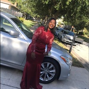 Maroon Mermaid style prom dress with lace sleeves